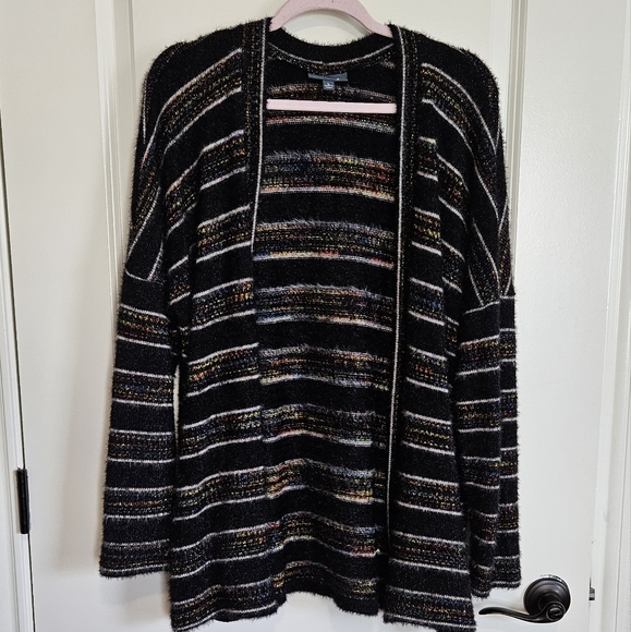 Modcloth Color and Character Fuzzy Cardigan Black and Rainbow Striped Large - Picture 2 of 9